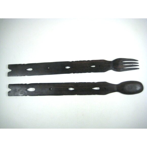 Carved Wooden Fork Spoon Salad Serving Set Tribal Home Kitchen Decor Inlay - Picture 7 of 12